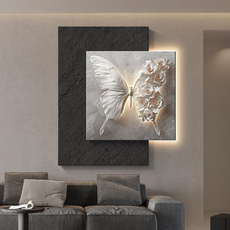 黑白蝴蝶客厅装饰画浮雕立体高级感沙发背景墙挂画玄关砂岩肌理画图片