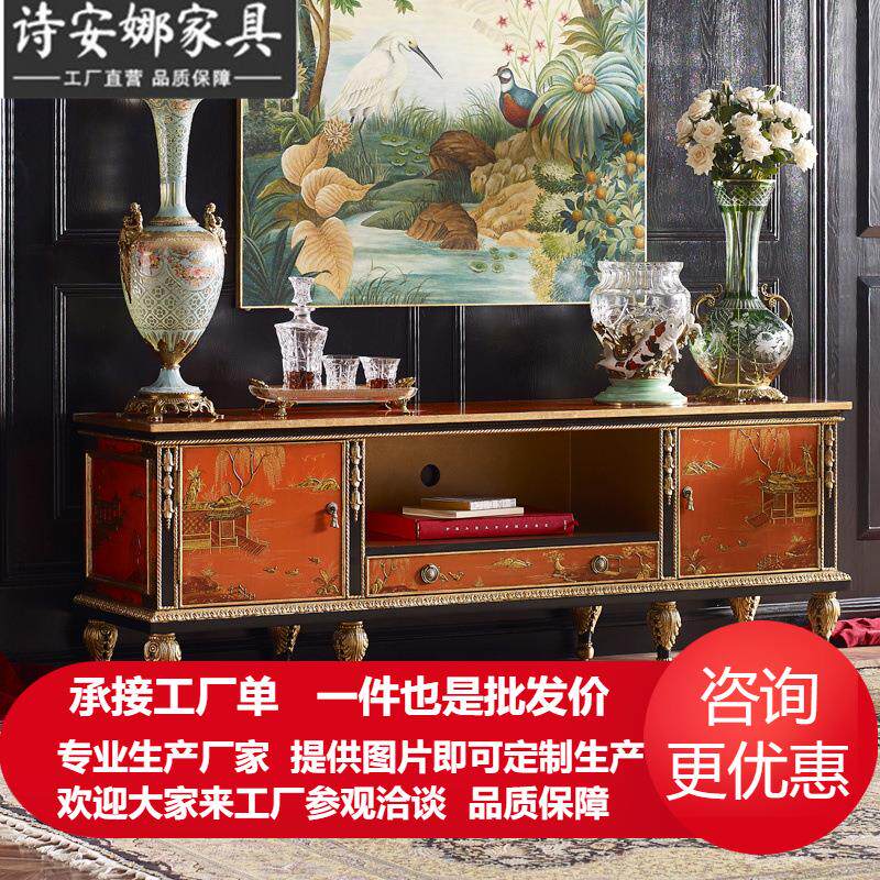 法式奢华新中式两门电视柜木色手绘风景贴金箔别墅样板间客厅地柜