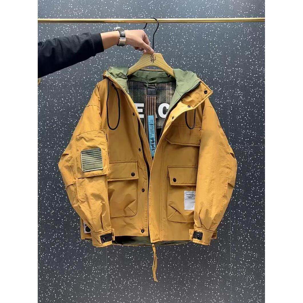 代购白鸭绒羽绒服冬季新款男士连帽韩版宽松派克服工装口袋冲锋衣