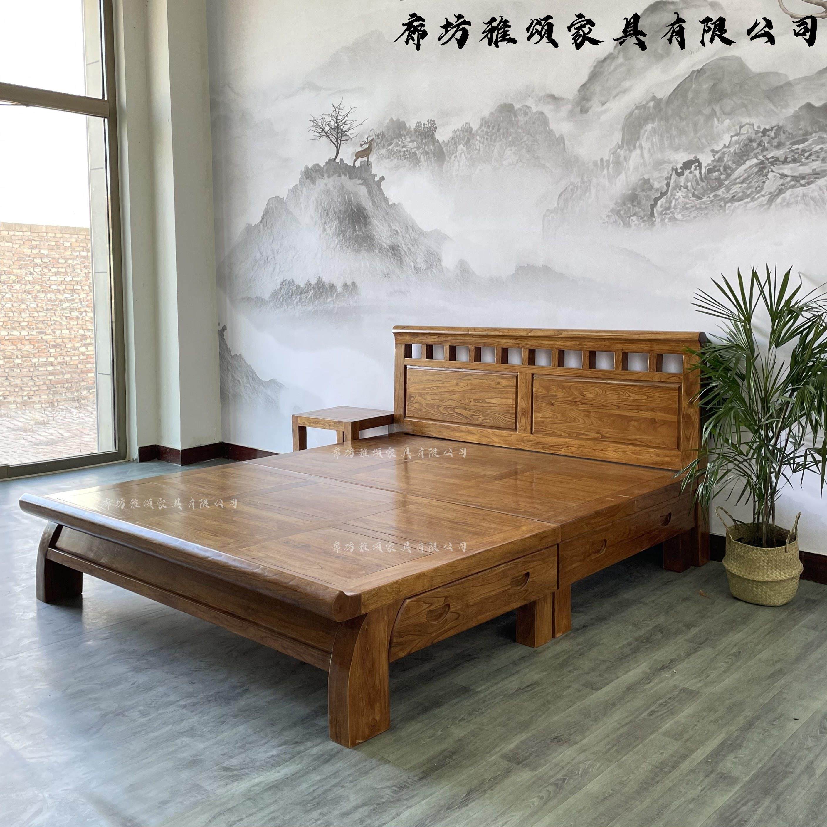 原木全实木结婚床老榆木双人床储物大床1.8米1.5米简约榫卯床