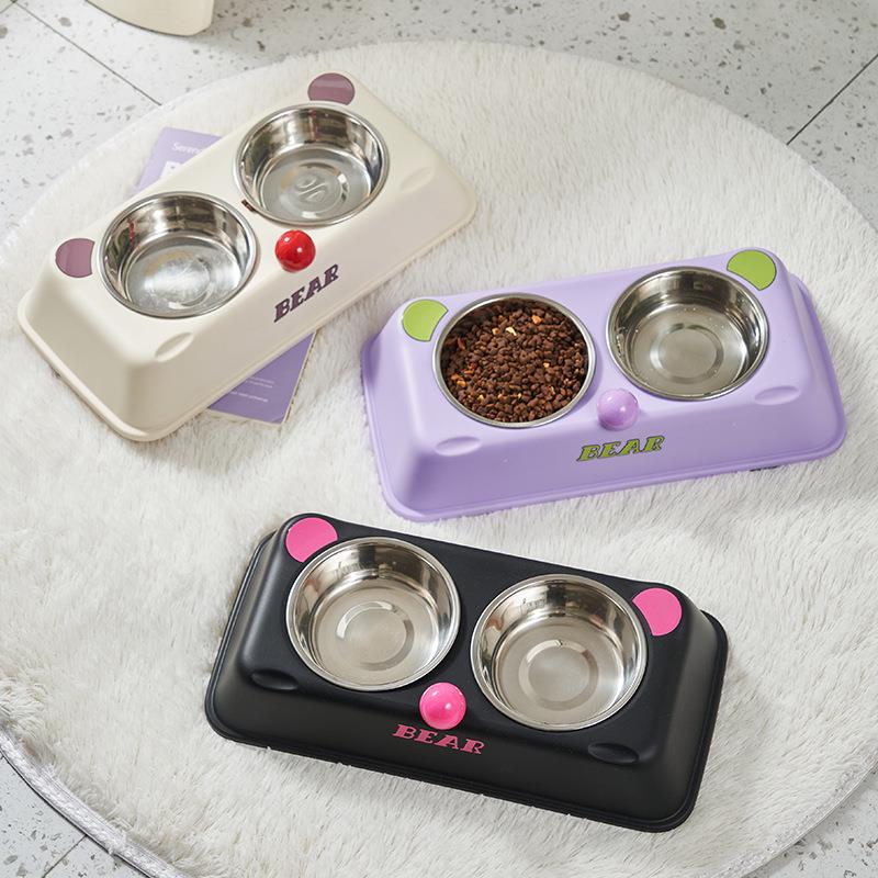猫碗狗碗宠物不锈钢双碗防滑防打翻宠物碗新款卡通小熊泰迪饮水碗