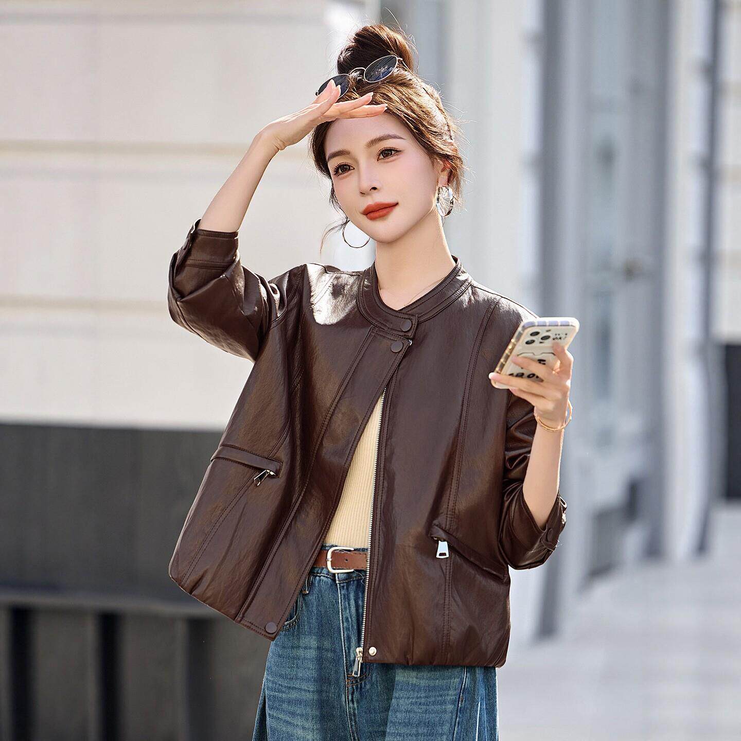 真皮短款皮衣外套女2026年休闲宽松圆领气质百搭小个子时尚皮夹克