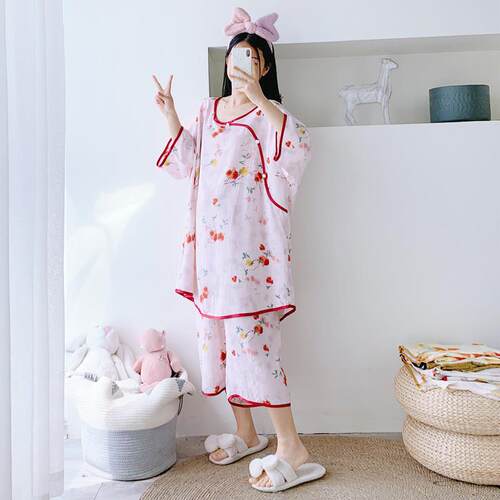 国风夏季短袖七分裤绵绸新中式睡衣女加大码宽松胖MM200斤家居服