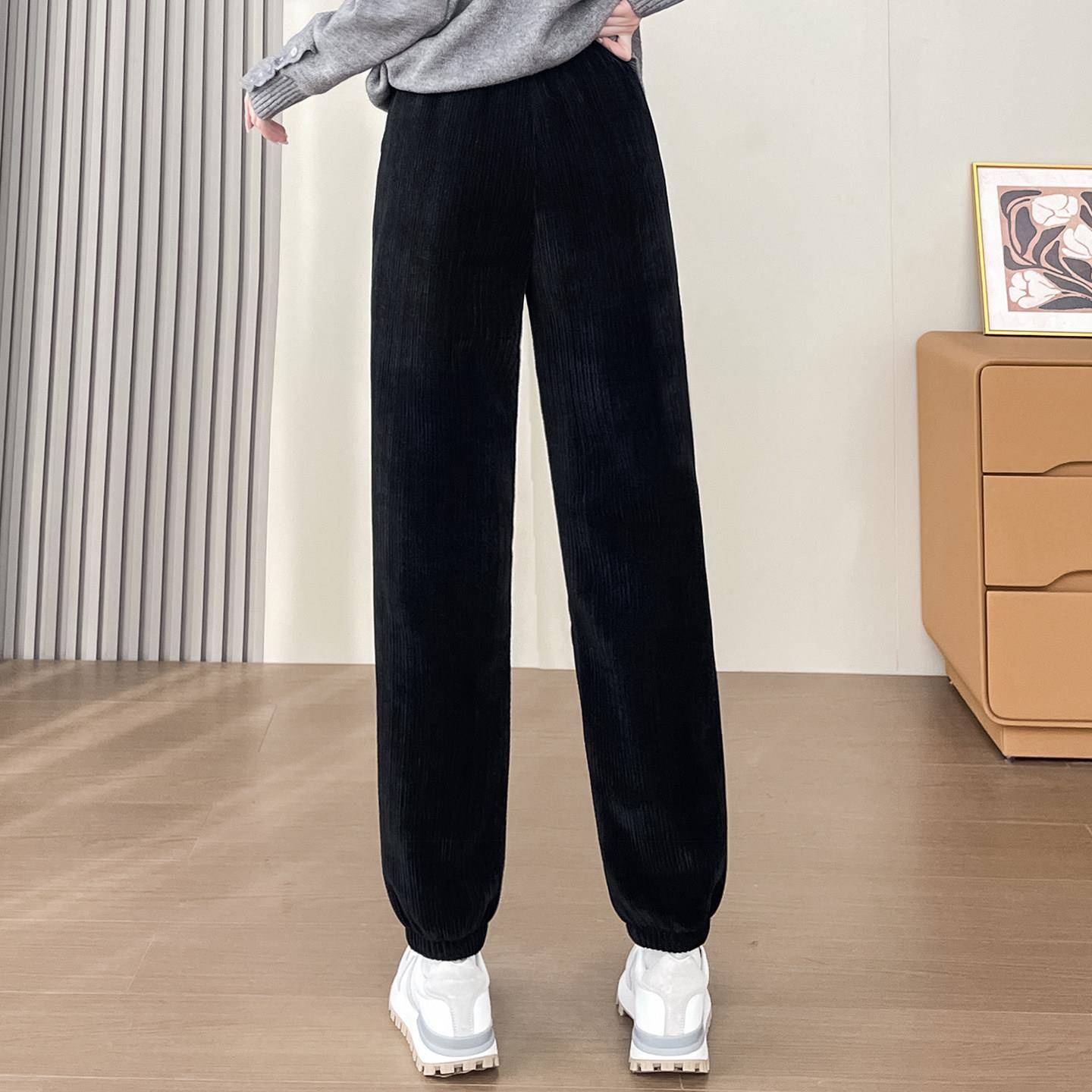 新品雪尼尔运动束脚裤女春秋季休闲裤大码胖mm保暖羊羔绒显瘦灯笼