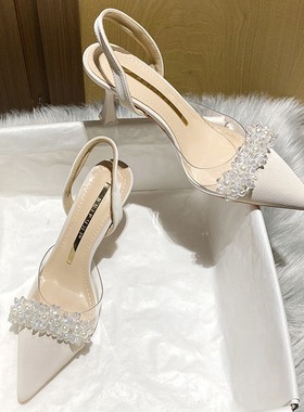 White high heels for women包头凉鞋女 白色高跟鞋细跟单鞋