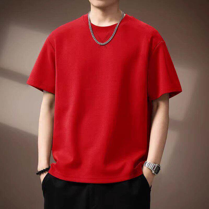 Roamix 绅度~红色纯棉短袖t恤男士夏季宽松显瘦圆领简约纯色上衣
