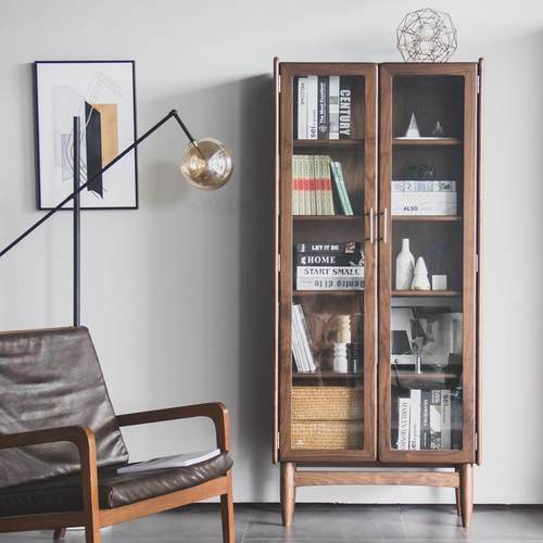 云图书柜北欧全实木带门玻璃原木置物柜家用书架落地轻奢黑胡桃木