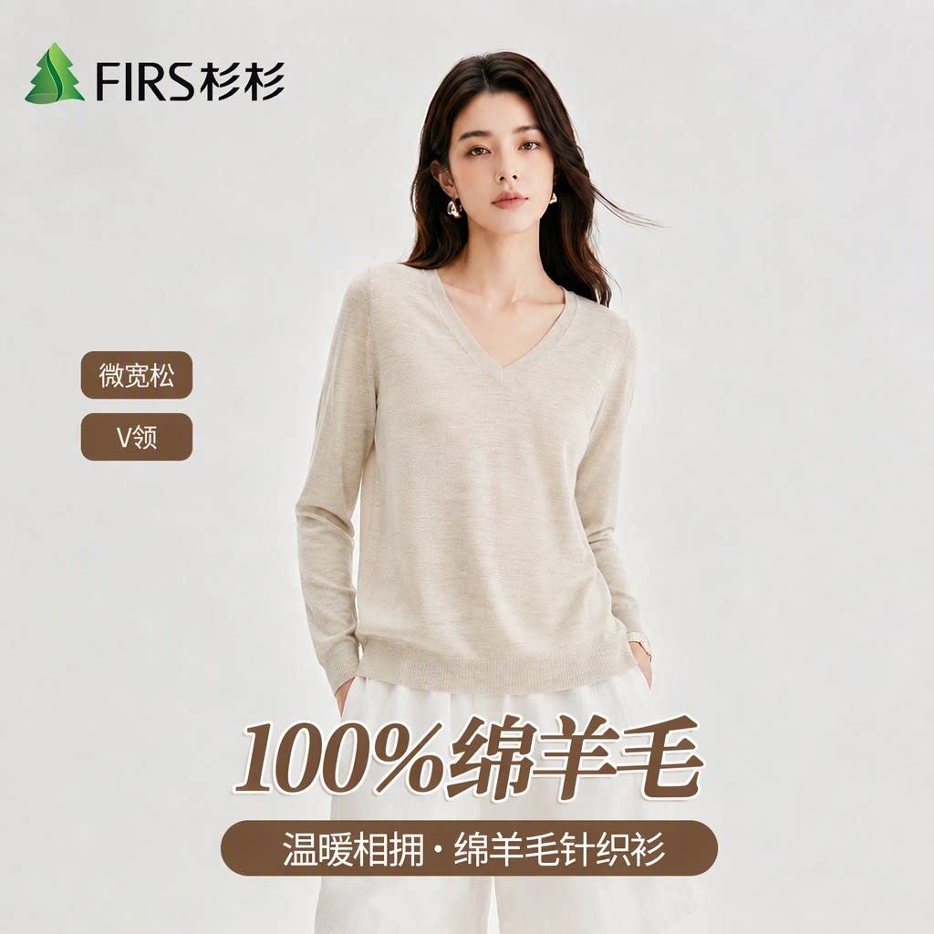 Firs/杉杉女秋冬微宽松V领半高领针织衫内搭打底衫毛衣100%绵羊毛