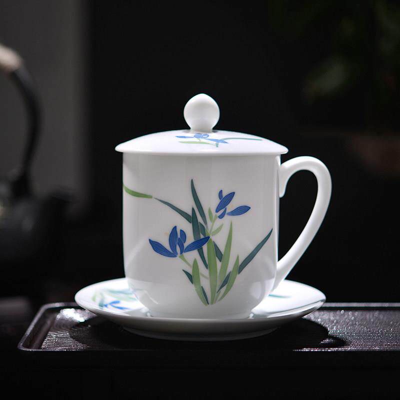 醴陵中式手绘带碟办公茶杯陶瓷水杯带盖子会议杯玉泥瓷杯子定制礼