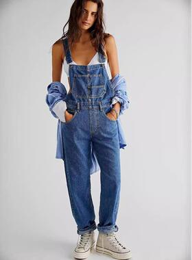 Women's Plus Size Denim Washed Straight Leg Sleeveless Bib