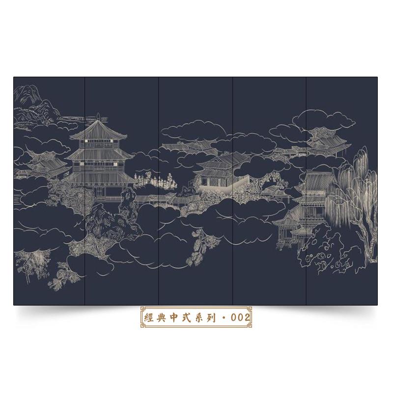 现代新风雅致山水壁画中式布背景楼阁壁纸墙纸茶室沙发意境客厅墙