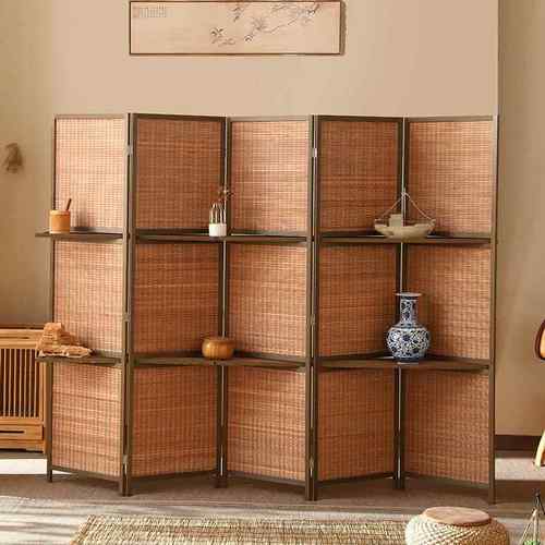 高档新中客式竹编屏店风隔室断复古做旧折屏折叠移动厅茶饭书房办
