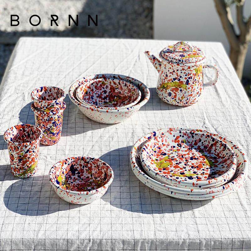 土耳其BORNN搪瓷餐具手工泼墨珐瑯盘子沙拉盘长方形托 托盘燕麦碗