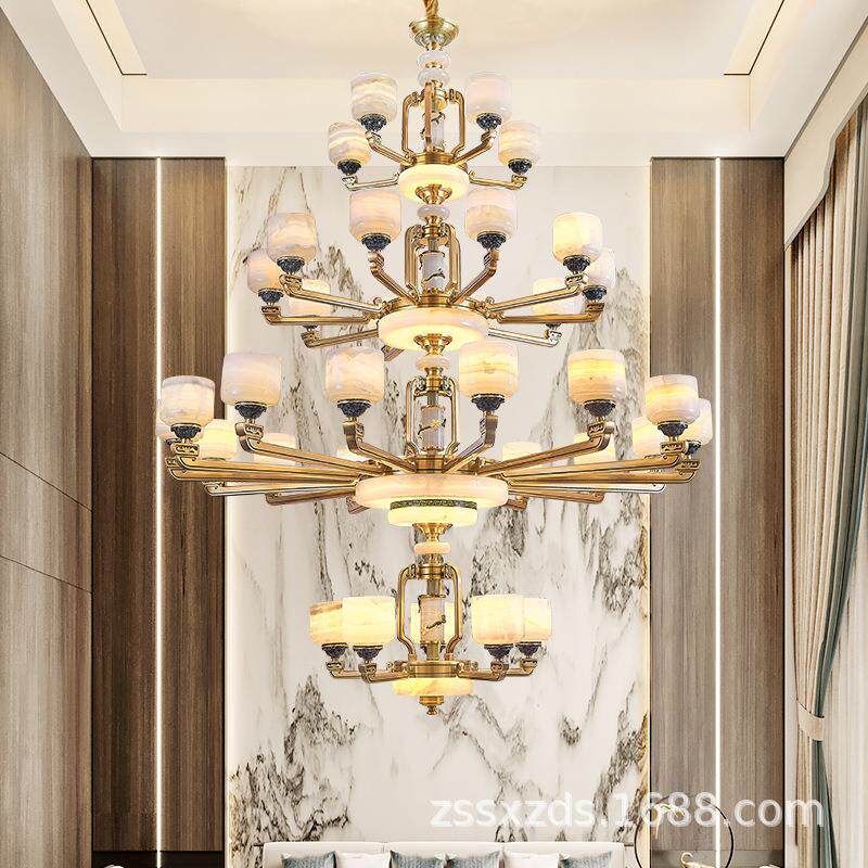 新中式复式楼大吊灯中空酒店大厅云石灯楼中楼别墅挑空客厅玉石灯