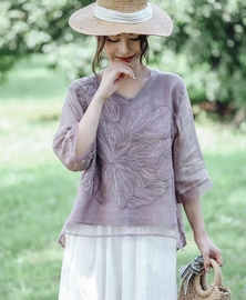 夏季复古100%纯苎麻衬衫，女文艺刺绣气质，小衫欧根纱拼接薄上衣