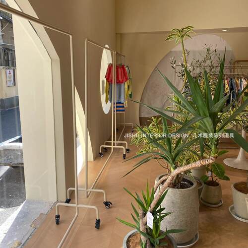 奶白女装服装店展示架陈列架中岛落地式挂衣架童装带轮可移动货架