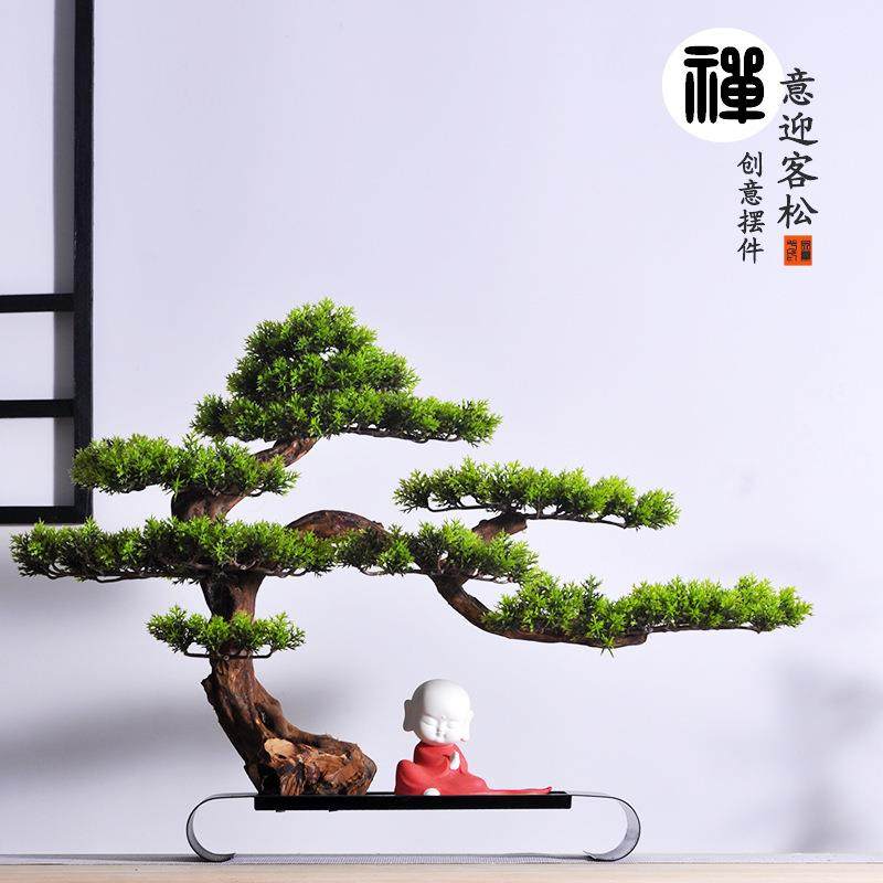 新中式家居摆件客厅玄关室内软装饰品实木根雕仿真植物迎客松盆景