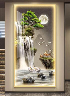 流水生财山水画玄关装饰画迎客松进门入户挂画带灯走廊过道壁灯画