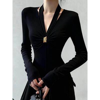 Ocnltiy韩系优雅绝美v领长袖打底衫女士新款简约洋气百搭显瘦小衫