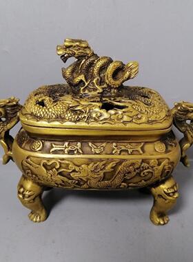 仿铜龙香炉摆件仿古黄铜龙纹熏香炉双耳龙头香炉古玩收藏工艺礼品