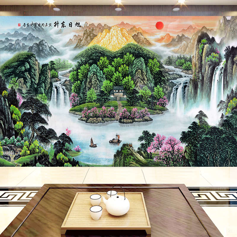 旭日东升3d电视背景墙壁纸客厅5d立体中式山水国画8d定制壁画墙布