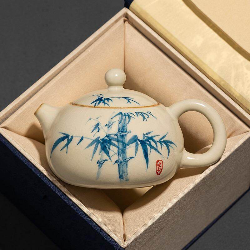 米黄汝窑手绘单茶壶家用西施壶茶具中式大号陶瓷泡茶器泡茶壶