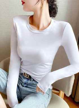 小圆领打底衫女春秋款内搭洋气橙色上衣新款外穿橘色长袖小领T恤