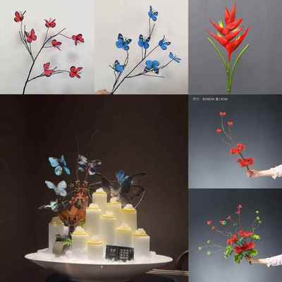 刺身仿真花蝴蝶装饰姿造背景摆件新款创意点缀打边炉盘式迎客松