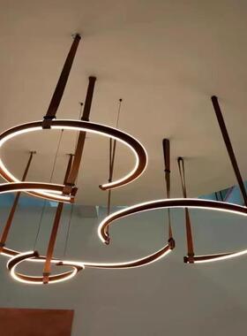 意式极简客厅吊灯后现代挑空复式楼设计师皮革餐厅环形卧室灯