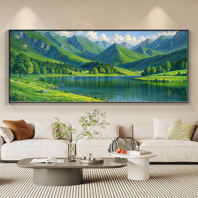 流水青山绿水生财办公室背景墙壁画客厅装饰画风景画山水沙发挂画