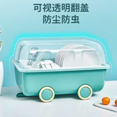 家用装碗筷收纳盒 放碗碟沥水碗柜台面置物碗架 带盖箱小汽车碗架