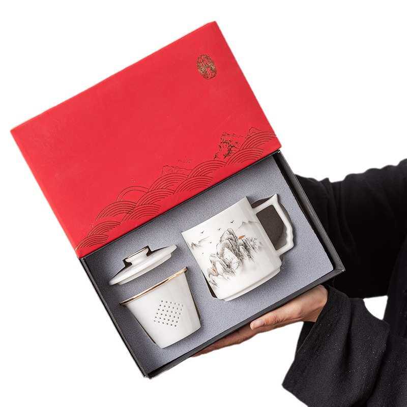 羊脂玉泡茶杯茶水分离带盖过滤陶瓷白瓷家用办公室会议个人杯