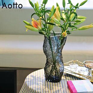 网红百合花玻璃花瓶琥珀色复古波纹玻璃瓶 桌面绿萝花瓶摆件