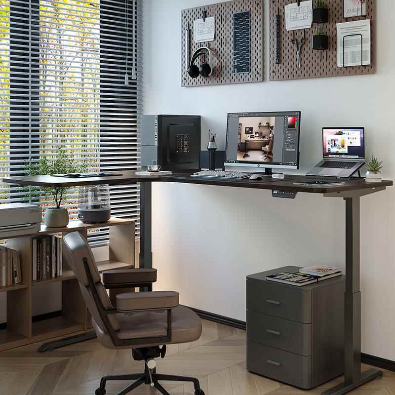 I1书房家用L型电脑桌胡桃转角实木电动升降书桌简约站立拐角办公