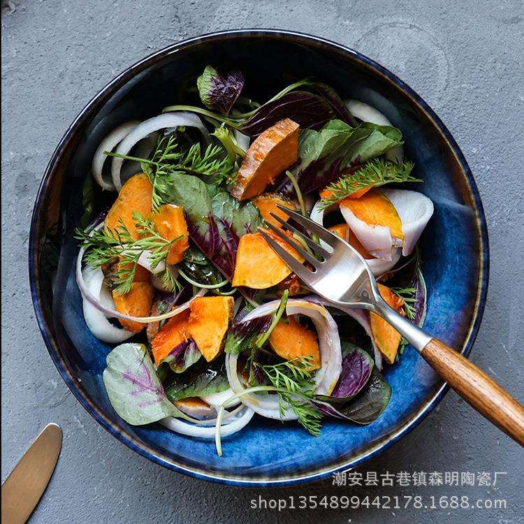 日式复古窑变陶瓷家用水果沙拉碗9英寸大汤碗大号面碗餐厅餐碗