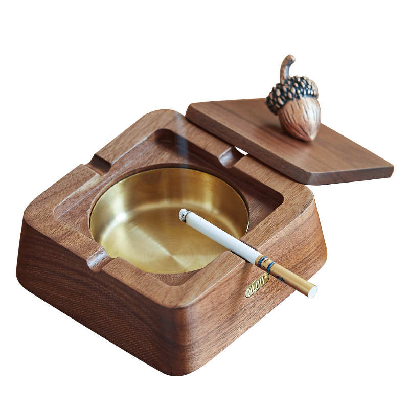 胡桃木实木不锈钢内胆茶几家用带盖个性潮流中式复古桌面烟灰缸
