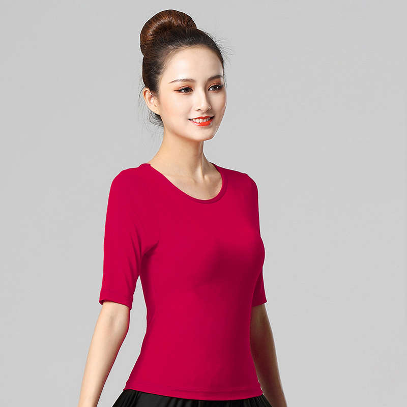广场舞服装女舞蹈服莫代尔圆领上衣练功服红色黑色团队演出跳舞衣
