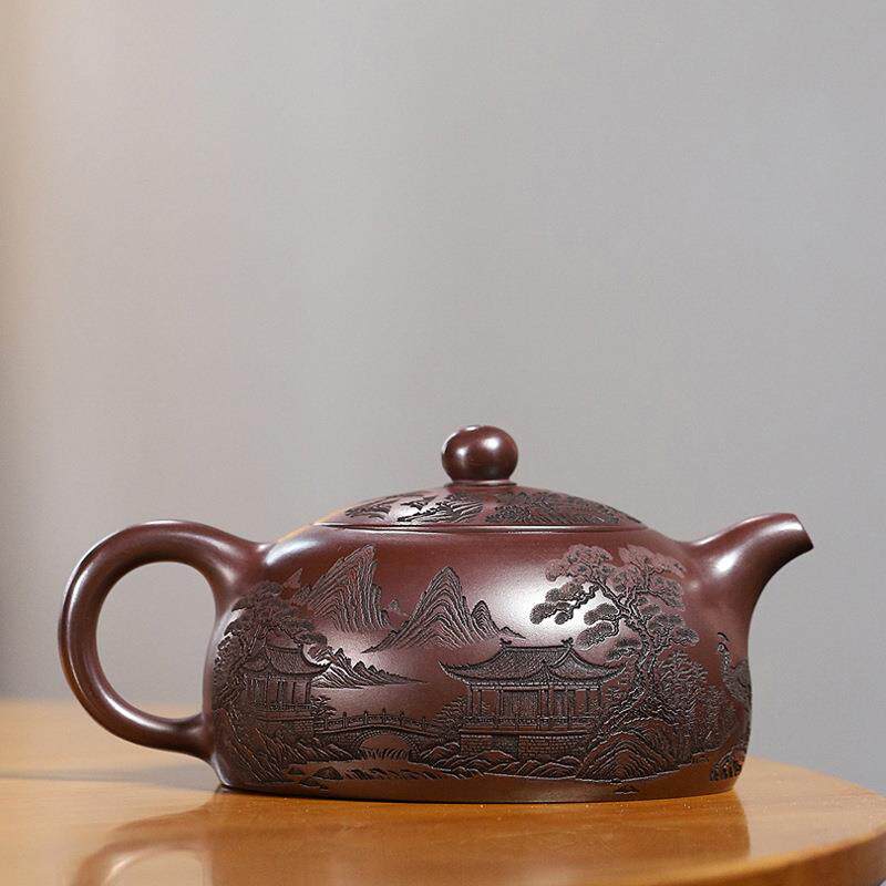 宜兴全手工原矿石红紫砂壶大容量500cc 半月泡茶壶通身满刻绘茶具
