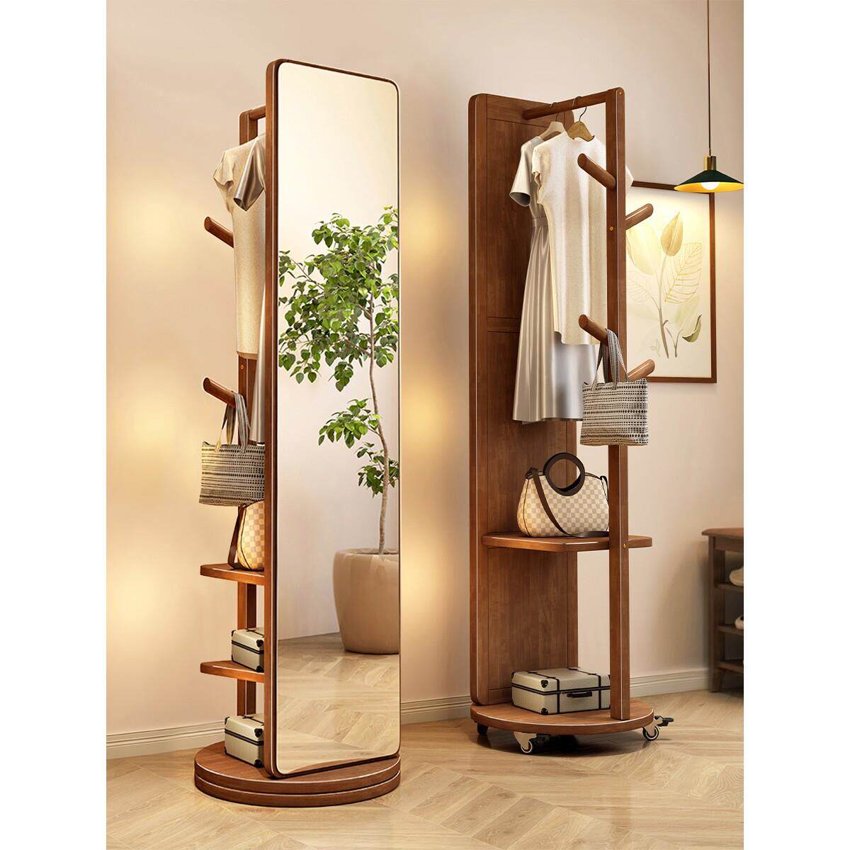 北欧轻奢实木挂衣架卧室落地衣帽架带镜子一体客厅家用可移动多功