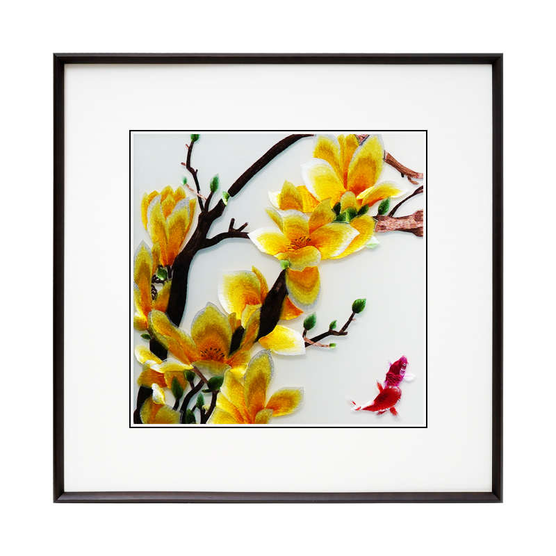 新中式装饰画苏绣成品挂画玉兰九鱼图苏州刺绣客厅沙发背景墙三联图片