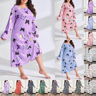 Plus Size Women'S Butterfly Print Long Sleeve Nightdress