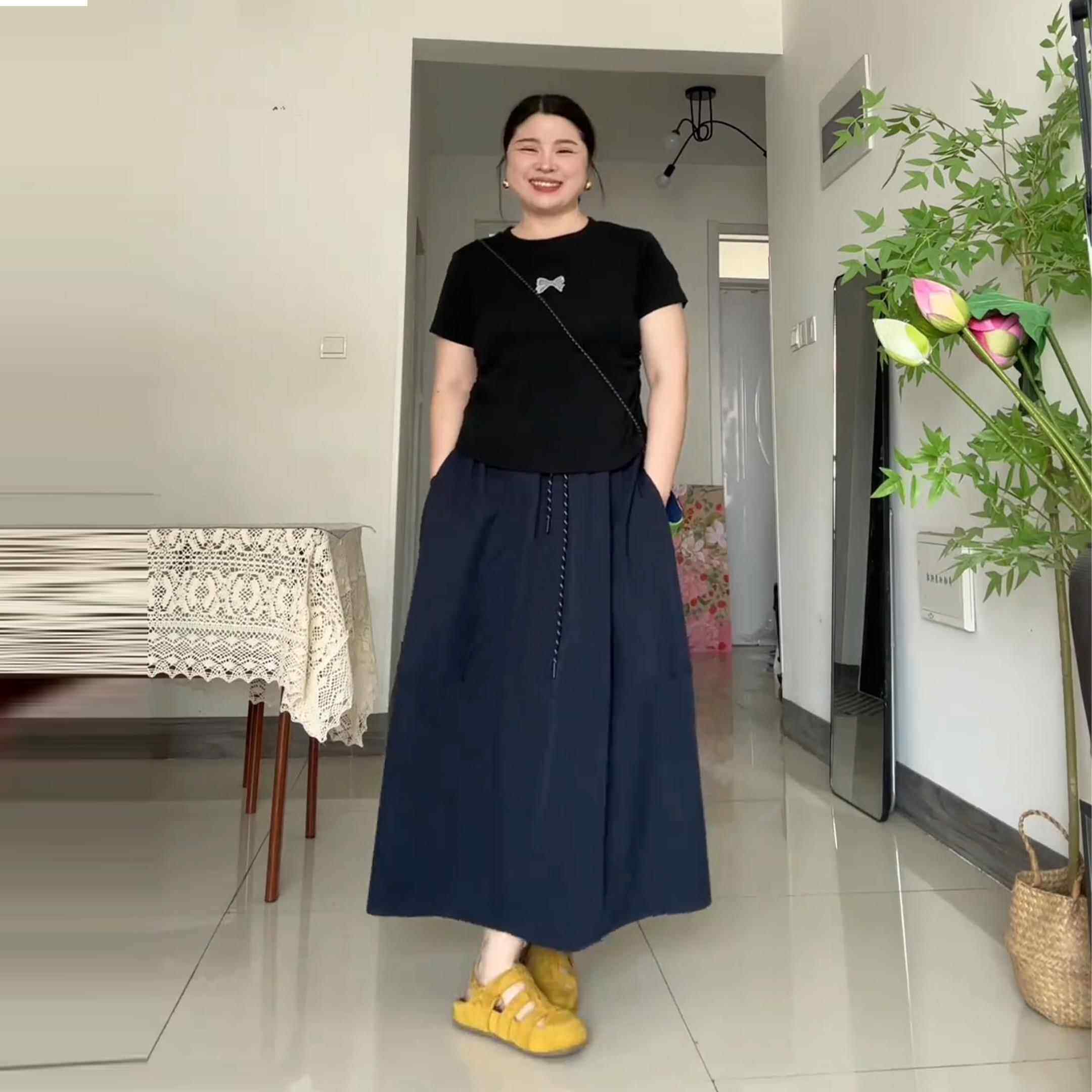 大尺码复古系带松紧腰半身裙女夏季胖mm高腰显瘦设计遮胯小个子裙