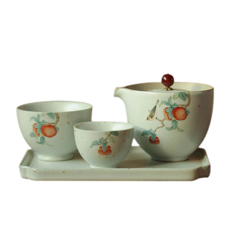 民宿风快客杯一壶两杯套装汝窑粗陶手绘柿子陶瓷功夫茶具礼品