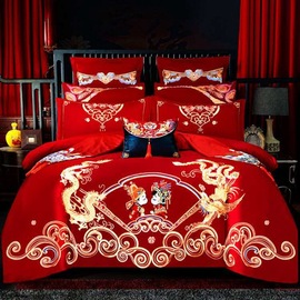 结婚房床上用品喜被套纯棉绣花贡缎，4新婚庆(新婚庆，)四件套大红色全棉刺绣