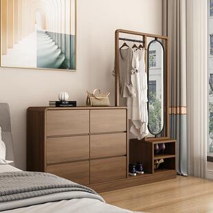 新中式 六斗柜胡桃木色卧室梳妆台床头柜衣橱房间收纳小衣柜带镜