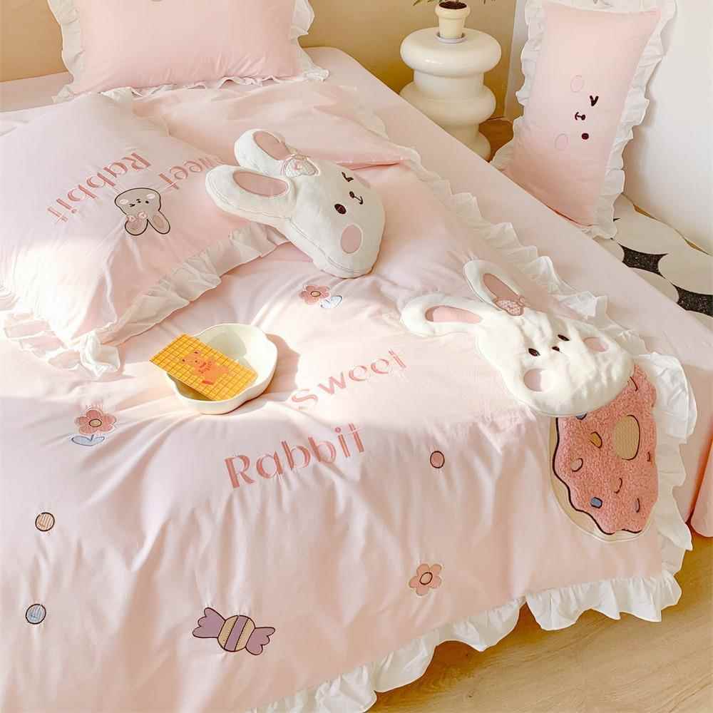甜女生叶卧室甜圈奶糖甜兔水洗棉贴布绣DEF花荷边三四美件套