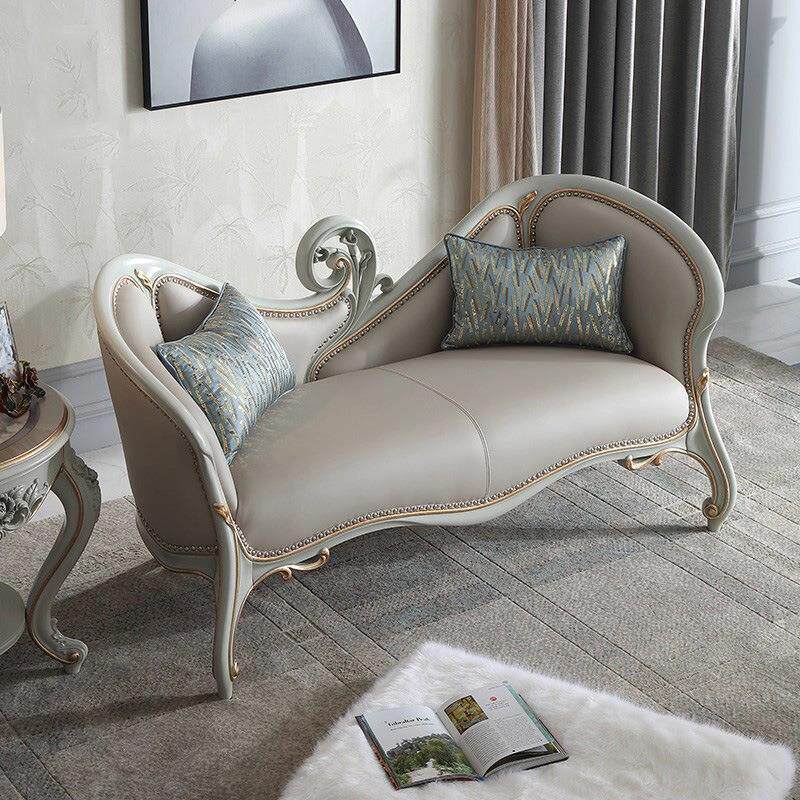 法式奢华皮艺贵妃椅美人榻卧室简约欧式实木雕花躺椅单人沙发