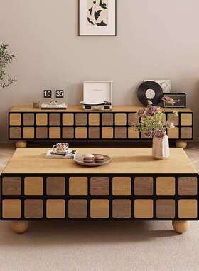 新款合全实约木电视柜边柜组原茶木风拼色简家用电视HXW柜几落地