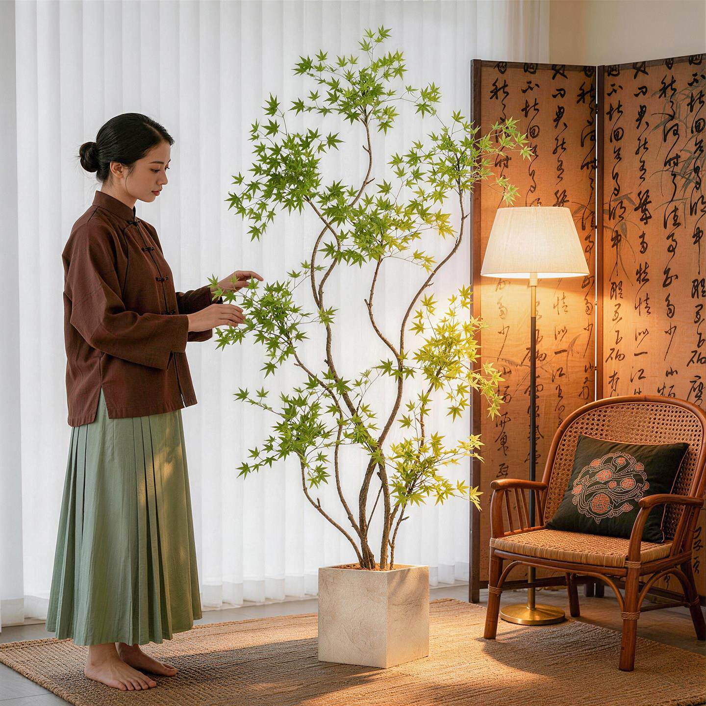 彷真植物流泉枫落地盆栽彷生绿植摆件客厅沙发边家居装饰盆景假树