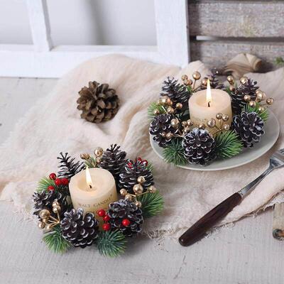 Faux Pine/Cherry Candle Wreath: Xmas Tabletop Decor